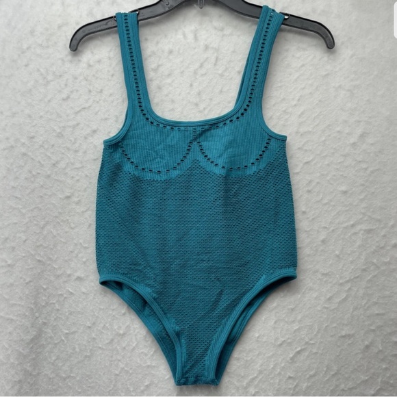 Zara M/L Teal Blue Perforated Seamless Contour Collection Bodysuit Crochet Knit - Picture 9 of 14